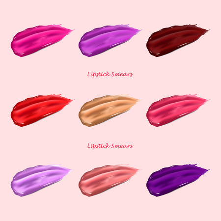 Smears of lipstick set. Cosmetic illustration smears of lipstick for use in product design. Realistic lipstick in different colors. Vector illustrationのイラスト素材