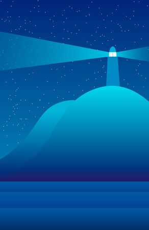 Landscape of the night starry sky and the sea, a glowing lighthouse in a modern style. A picture of nature for the design of banners and brochures in the style of the flat. Illustrationの写真素材
