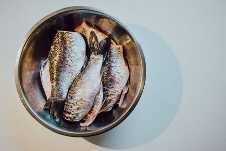 Close Up of Fresh Fish on Cutting Board in Kitchenの写真素材