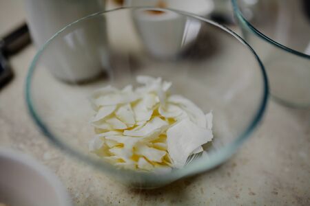 Healthly Food Preparation, Close up of almond flakes in bowl in kitchen