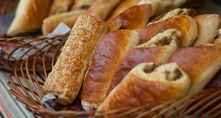 sweet rolls in the basket at the marketの写真素材