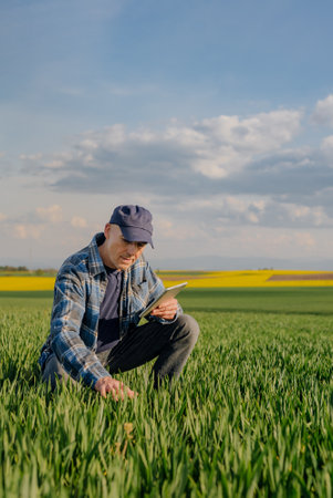 Portrait of Successful Farmer Examining Crops at Agriculture Field. Farmer Looking at Crops Wheat Fieldの写真素材