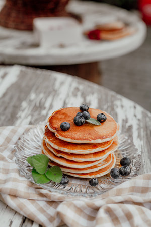 Close up of Delicious Dessert. Pancakes and Bluberry on top.の写真素材