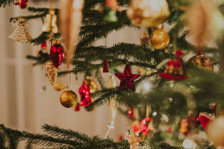 Close Up of Christmas Background Decorated Christmas Tree