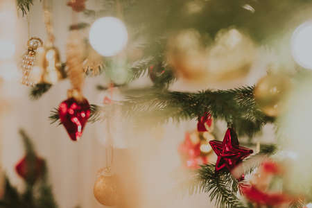Close Up of Christmas Background Decorated Christmas Treeの写真素材