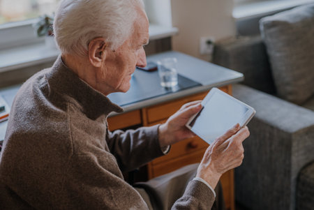 Positive Senior using Digital Tabletの写真素材