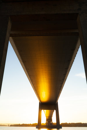 Bottom View High and Long Bridge at sunset in summerの写真素材