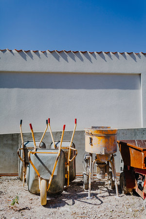 View of construction place wheelbarrow cement mixerの写真素材