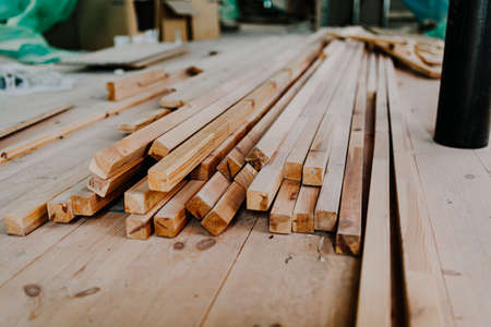 wooden planks on the flor at renovating attic.の写真素材
