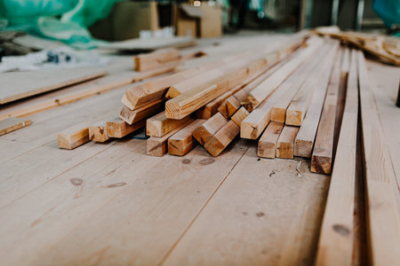 wooden planks on the flor at renovating attic.の写真素材