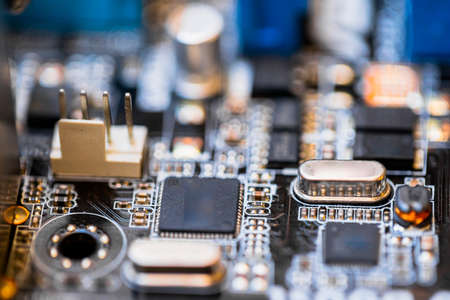 PC Motherboard with Chips, Transistors and Microprocessors