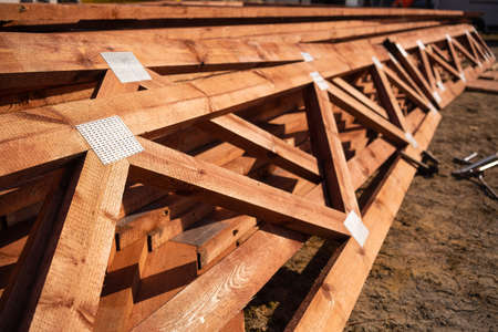 New under construction roof beams the construction siteの写真素材