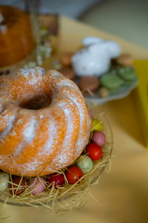 Fresh Cakes Pastries at Easter Holidays Tableの写真素材