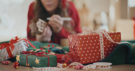 Woman Decorating For Christmas Gifts Xmas Time Woman Dressed For Holidays