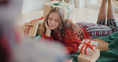 Woman Portrait Christmas Xmas Time Decorating Christmas Treeの写真素材