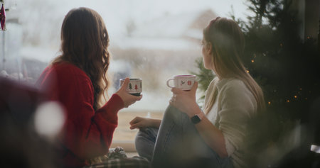 Two Female Friends Talking During Christmas Relaxing Preparing For Xmas Timeの写真素材