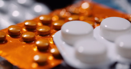Various Medical Pills Drugs Black Background Pharmaceutical Industry. Painkillers Rotating.