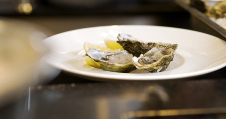 close up of oysters ready dishの写真素材