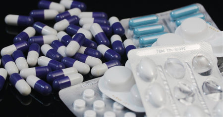 Medical tablets and pills, pharmaceutical industry Healthcare medicaments capsules rotating.の写真素材