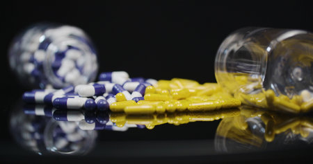 Medical tablets and pills rotating, pharmaceutical industry.の写真素材