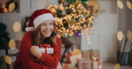 Woman Holding Christmas Gift Enjoying Christmas Holidaysの写真素材