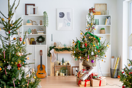 Christmas Gifts Under Christmas Tree In Living Room Homeの写真素材