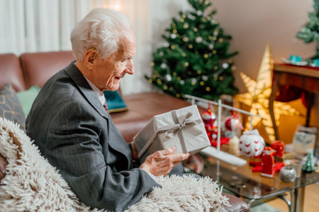 Smiling Joyful Senior Man Holding Christmas Gift In Hands Xmas Holidaysの写真素材