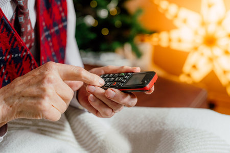 Elderly Retired Senior Man Christmas Holidays Hands Close Upの写真素材