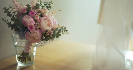 wedding bouquet at bride preparationsの写真素材