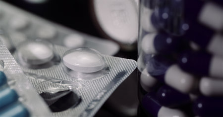 Medical tablets and pills, pharmaceutical industry Healthcare medicaments capsules rotating.の写真素材