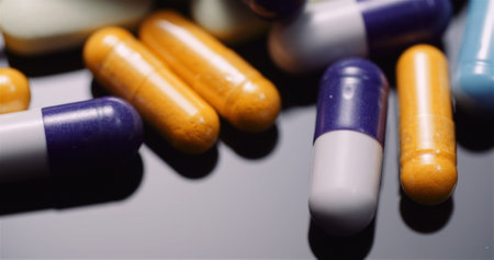 Various Medical Pills Drugs Black Background Pharmaceutical Industry. Painkillers Rotating.の写真素材