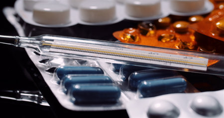 Various Medical Pills Drugs Black Background Pharmaceutical Industry. Painkillers Rotating.の写真素材