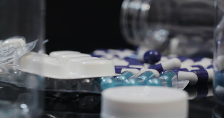 Medical tablets and pills, pharmaceutical industry Healthcare medicaments capsules rotating.の写真素材