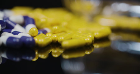 Medical tablets and pills rotating, pharmaceutical industry.の写真素材