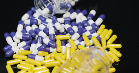 Medical tablets and pills rotating, pharmaceutical industry.の写真素材
