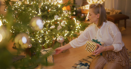 Woman Arranging Christmas Presents Under Beautiful Decorated Christmas Tree for Christmasの写真素材