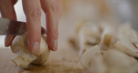 Very Strong Close-Up of Fresh Mushrooms on Boardの写真素材