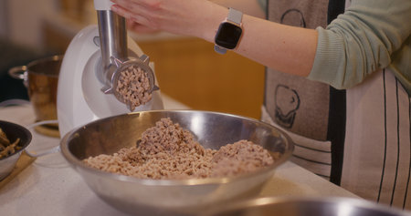 Woman working in kitchen grinding meat in mincerの写真素材