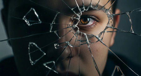 Intense Gaze Through Shattered Glass: Fragmented Reality Reflected in a Human Eyeの素材