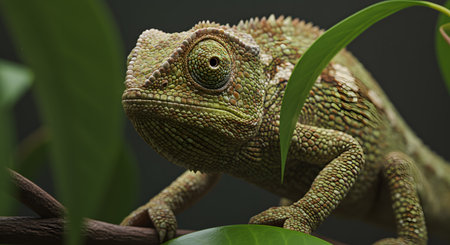 Captivating Macro Portrait of a Chameleon's Intricate Scaly Skin and Hypnotic Eye Among Green Leavesの素材
