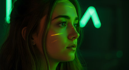 Digital Dreamer: Captivating Profile of a Young Woman Bathed in Vibrant Green Neon Light, Reflecting on a Cyberpunk Futureの素材