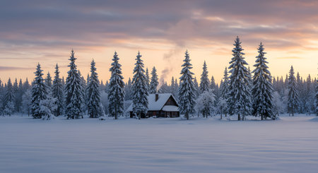 Enchanting Winter Dawn: Smoke Rises from a Cozy Log Cabin Nestled Amidst Snow-Covered Pine Treesの素材