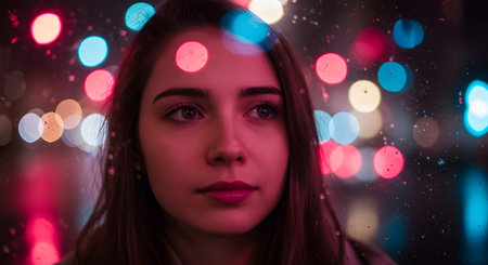 Contemplative Young Woman Gazing Through Rain-Streaked Window into Luminous City Night Bokehの素材