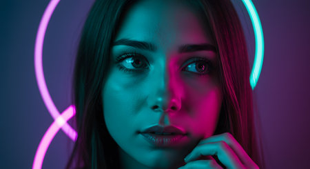 Captivating Duotone Portrait of a Young Woman Bathed in Vibrant Neon Lights, Embracing Futuristic Style and Intense Gazeの素材