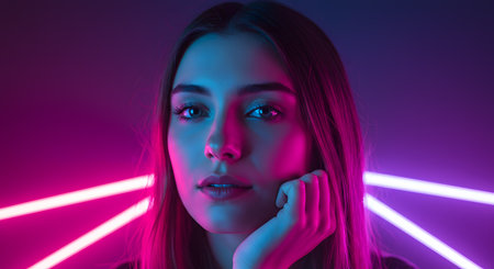 Captivating Portrait of a Young Woman Under Neon Glow, Illuminated by Striking Pink and Blue Lights, Creating a Modern and Edgy Aesthetic.の素材