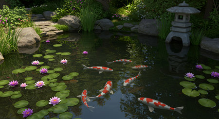 Idyllic Japanese Garden Oasis: Graceful Koi Fish Swim Amidst Vibrant Water Lilies and Lush Foliageの素材
