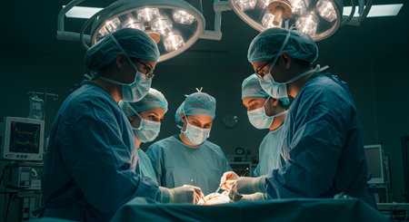 Focused Surgical Team Performing Intricate Operation in a Modern Operating Room with Advanced Medical Technologyの素材
