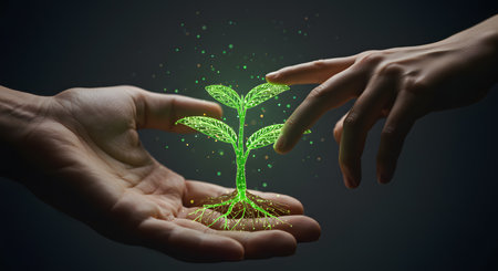 Digital Synergy: Human Hands Nurturing a Luminous Green Circuit-Patterned Seedling Amidst Glowing Particlesの素材