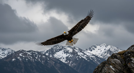 Majestic Bald Eagle Soaring High Above Snow-Capped Mountains Under a Dramatic Cloudy Skyの素材