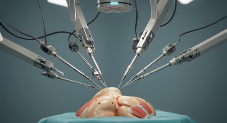 Futuristic Robotic Surgery: Advanced AI-Powered Arms Perform Precision Operation on Human Anatomy Modelの素材